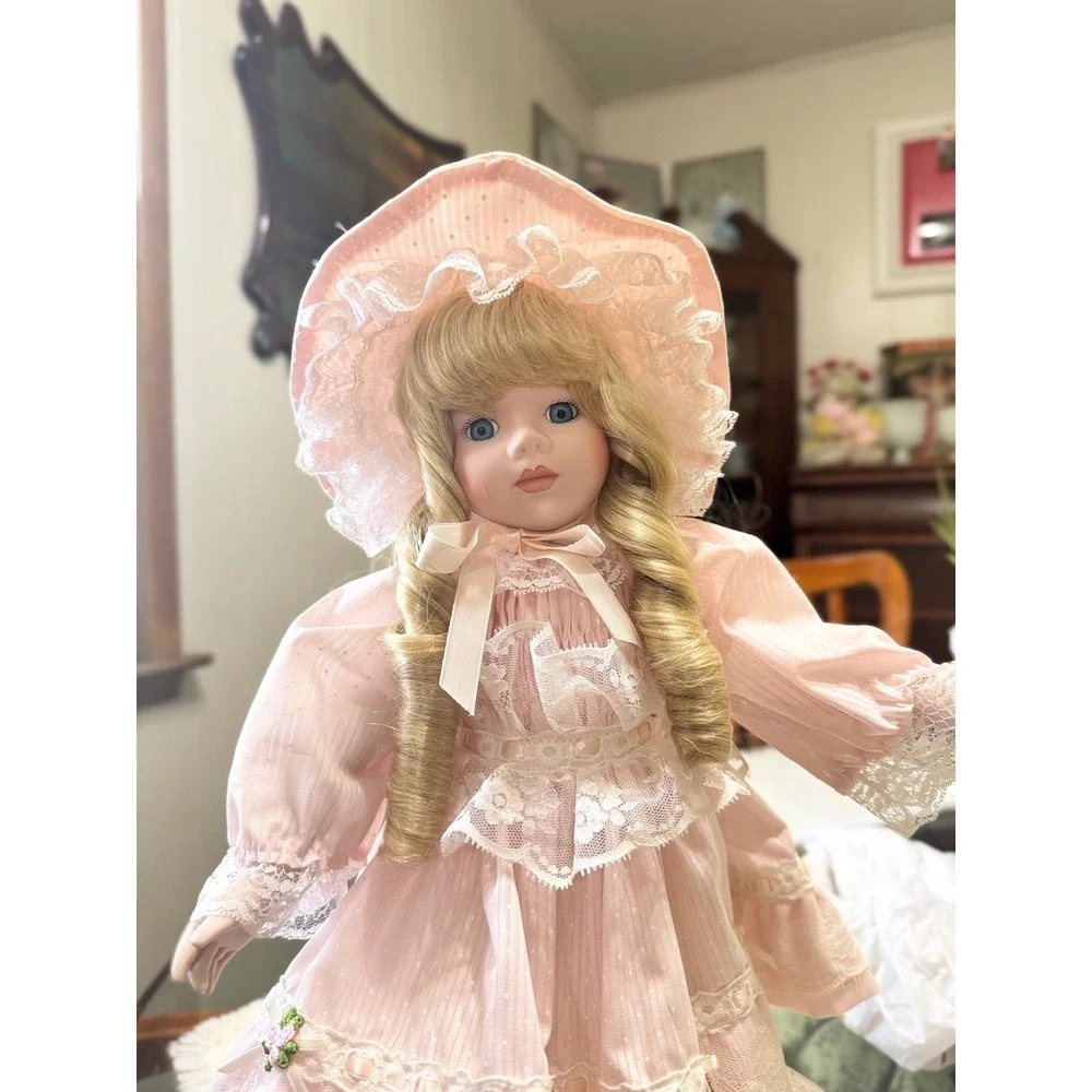 Dynasty Doll Collection Porcelain Doll Blonde Hair Pink Lace Dress 18 Inch